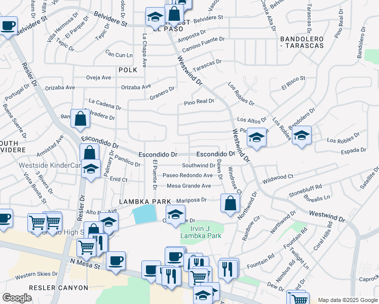 map of restaurants, bars, coffee shops, grocery stores, and more near 6700 Escondido Drive in El Paso