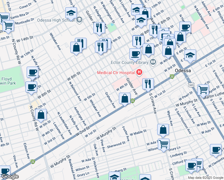map of restaurants, bars, coffee shops, grocery stores, and more near 413 Bernice Avenue in Odessa