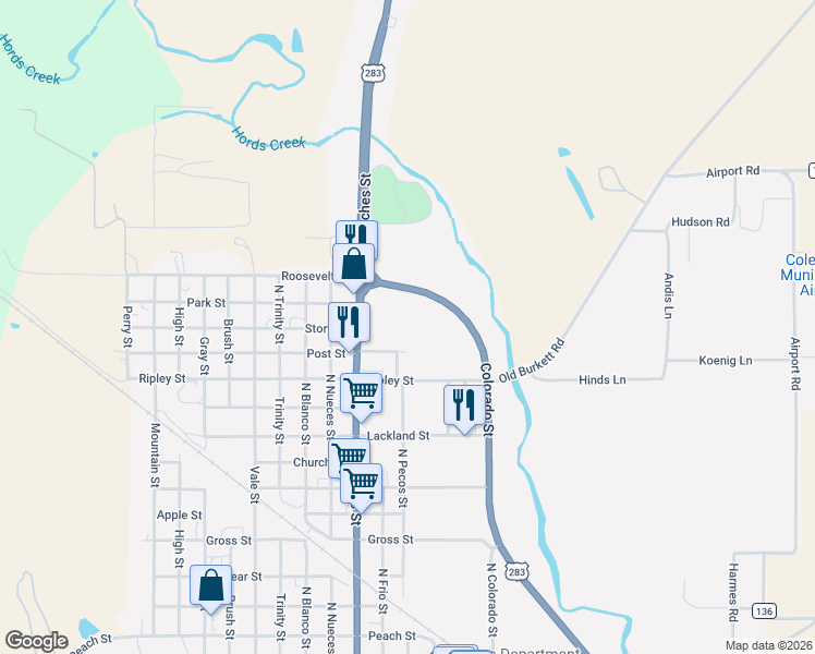 map of restaurants, bars, coffee shops, grocery stores, and more near 1401 U.S. 84 in Coleman