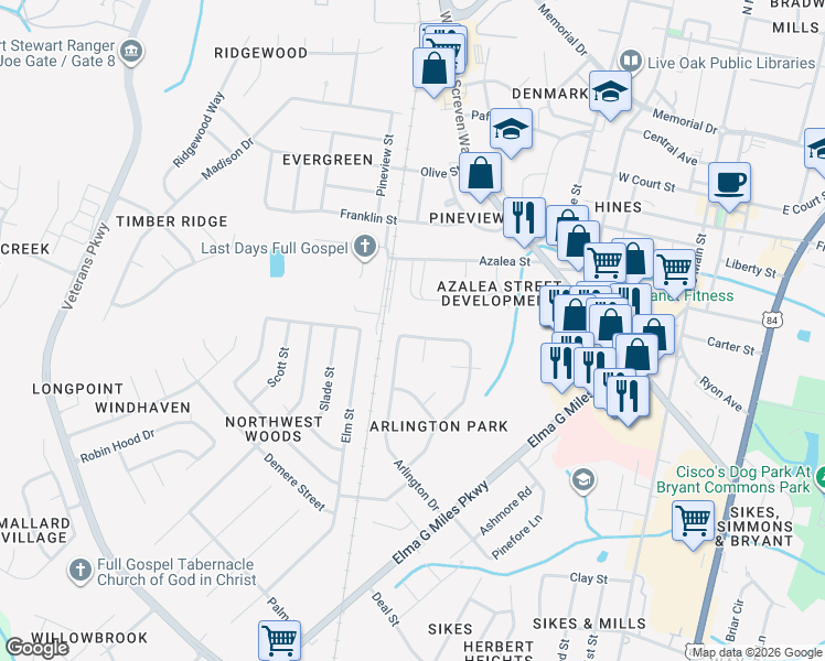 map of restaurants, bars, coffee shops, grocery stores, and more near 553 Wellington Way in Hinesville