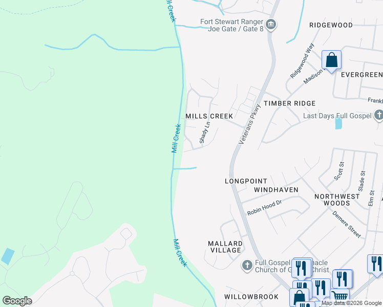 map of restaurants, bars, coffee shops, grocery stores, and more near 931 Highland Drive in Hinesville