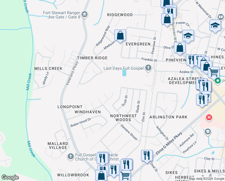 map of restaurants, bars, coffee shops, grocery stores, and more near 668 Windhaven Drive in Hinesville