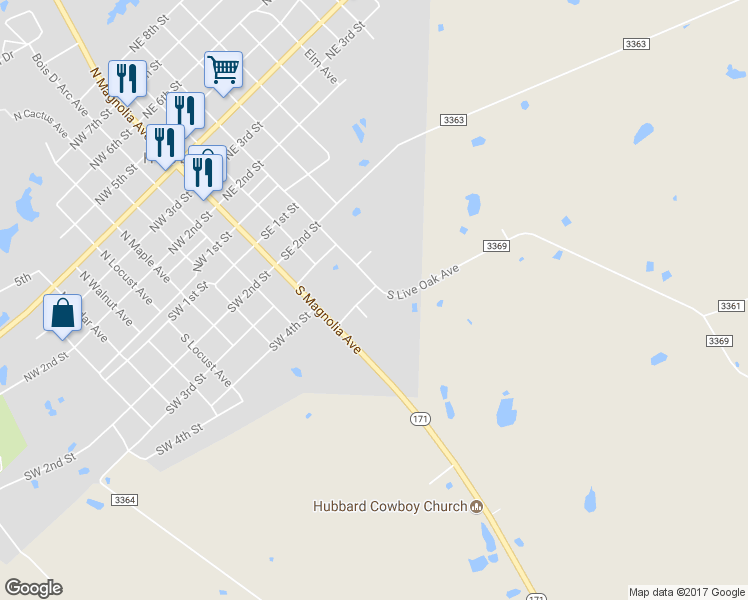 map of restaurants, bars, coffee shops, grocery stores, and more near 204 Southeast 5th Street in Hubbard