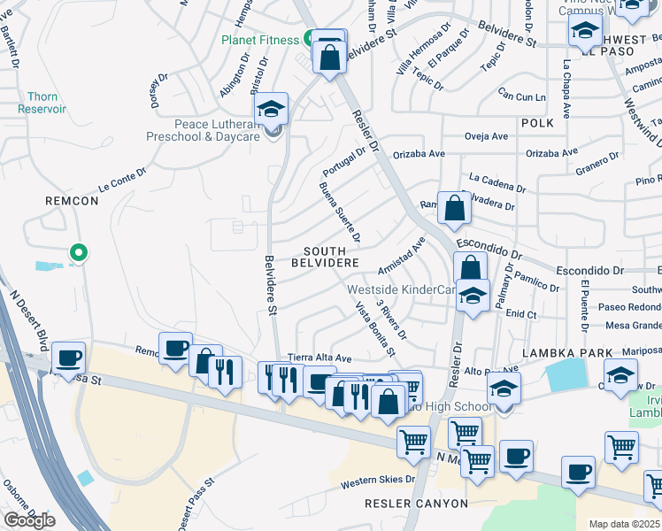 map of restaurants, bars, coffee shops, grocery stores, and more near 7301 Ramada Drive in El Paso
