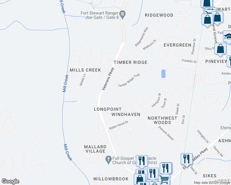map of restaurants, bars, coffee shops, grocery stores, and more near 807 Madison Drive in Hinesville