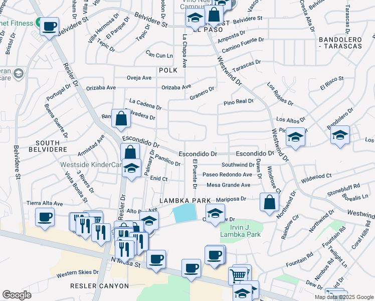 map of restaurants, bars, coffee shops, grocery stores, and more near 6836 Escondido Drive in El Paso