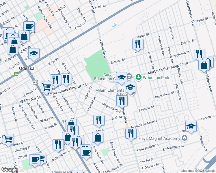 map of restaurants, bars, coffee shops, grocery stores, and more near 813 Humble Avenue in Odessa