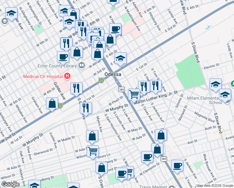 map of restaurants, bars, coffee shops, grocery stores, and more near 201 South Lee Avenue in Odessa