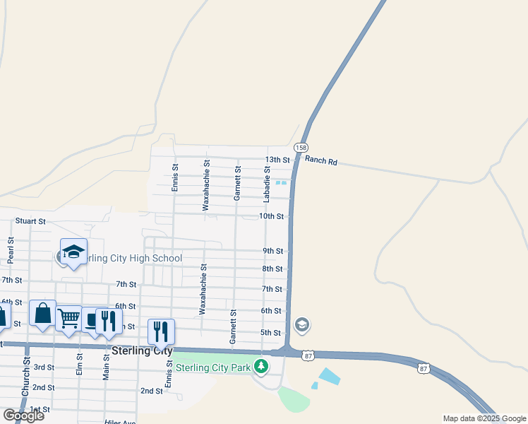 map of restaurants, bars, coffee shops, grocery stores, and more near 100 10th Street in Sterling City