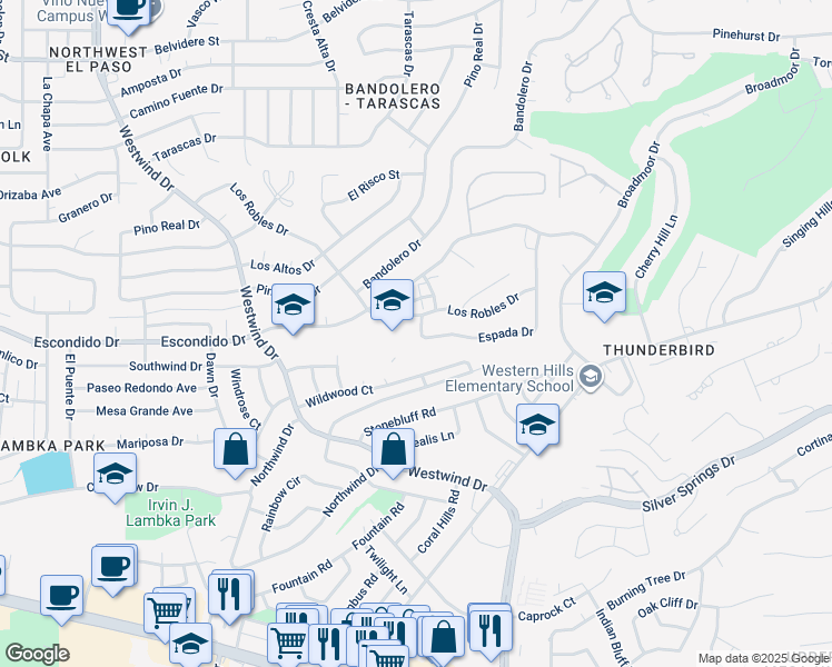 map of restaurants, bars, coffee shops, grocery stores, and more near 704 Espada Drive in El Paso