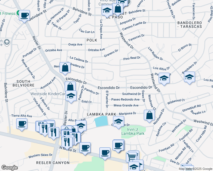 map of restaurants, bars, coffee shops, grocery stores, and more near 6836 Escondido Drive in El Paso