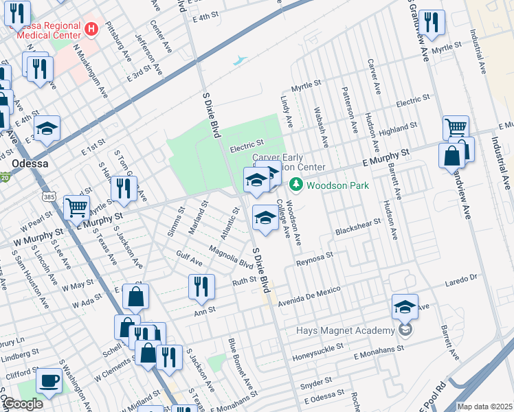 map of restaurants, bars, coffee shops, grocery stores, and more near 501 South Dixie Boulevard in Odessa