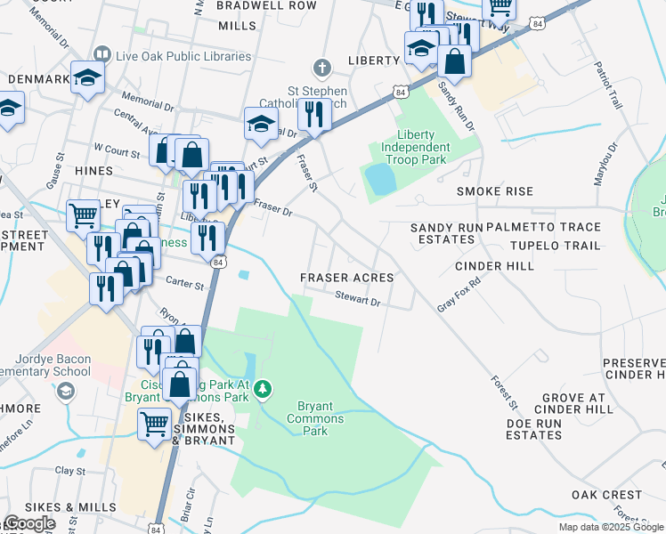 map of restaurants, bars, coffee shops, grocery stores, and more near 405 Patton Road in Hinesville