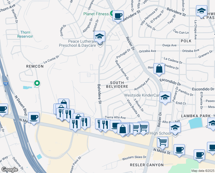map of restaurants, bars, coffee shops, grocery stores, and more near 7320 Cerro Negro Drive in El Paso