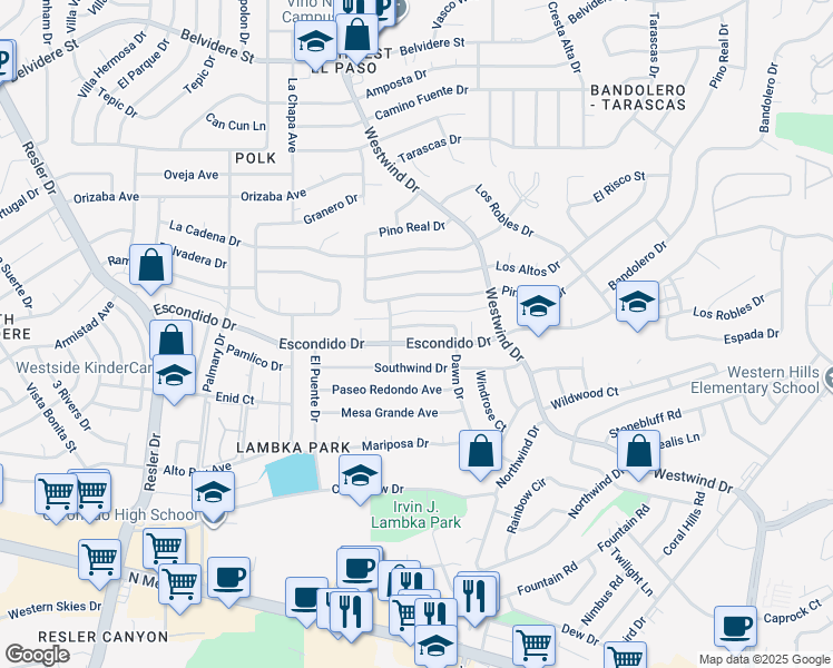 map of restaurants, bars, coffee shops, grocery stores, and more near 6634A Dawn Drive in El Paso