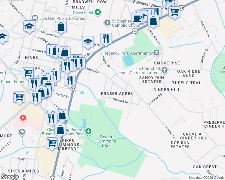 map of restaurants, bars, coffee shops, grocery stores, and more near 405 Patton Road in Hinesville