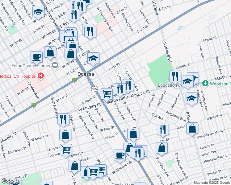 map of restaurants, bars, coffee shops, grocery stores, and more near 320 South Jackson Avenue in Odessa