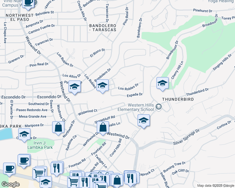 map of restaurants, bars, coffee shops, grocery stores, and more near 715D Espada Drive in El Paso