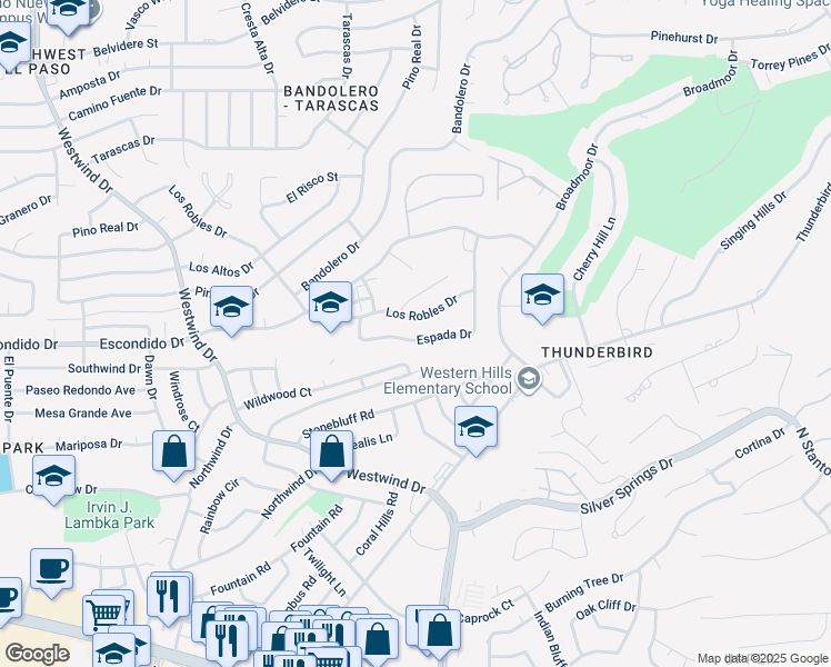 map of restaurants, bars, coffee shops, grocery stores, and more near 727 Espada Drive in El Paso