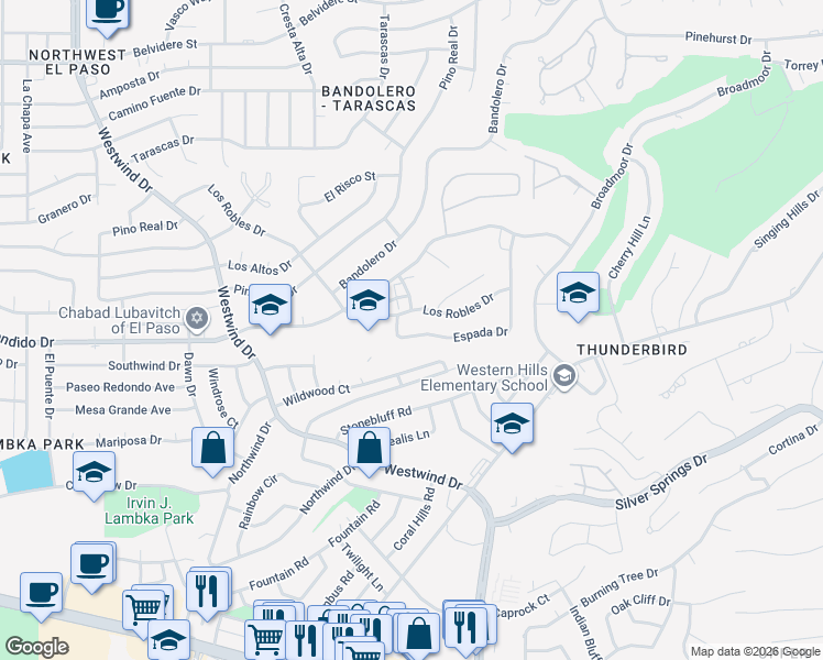 map of restaurants, bars, coffee shops, grocery stores, and more near 715D Espada Drive in El Paso