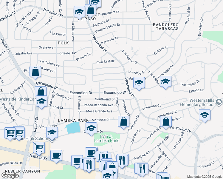 map of restaurants, bars, coffee shops, grocery stores, and more near 6616 Dawn Drive in El Paso