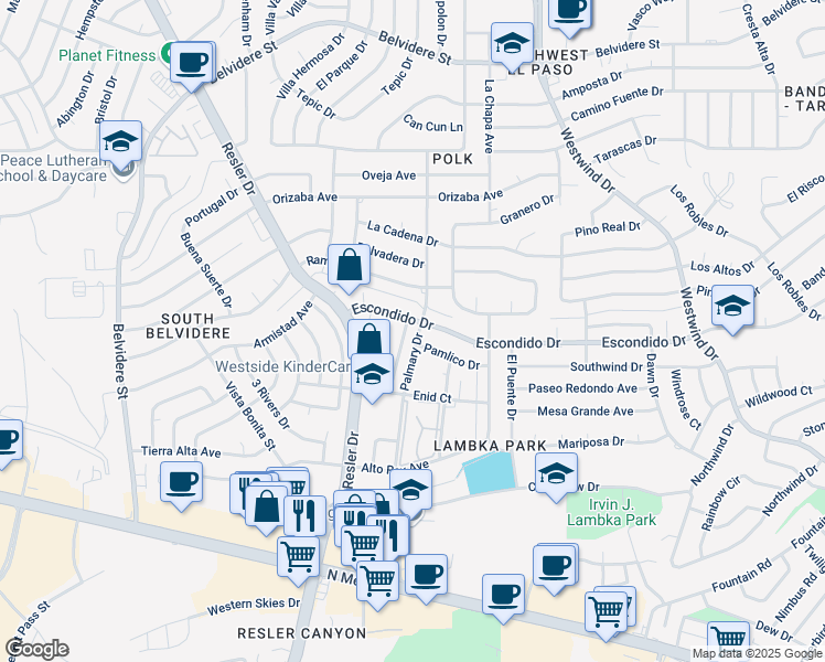map of restaurants, bars, coffee shops, grocery stores, and more near 350 Villa Canto Street in El Paso