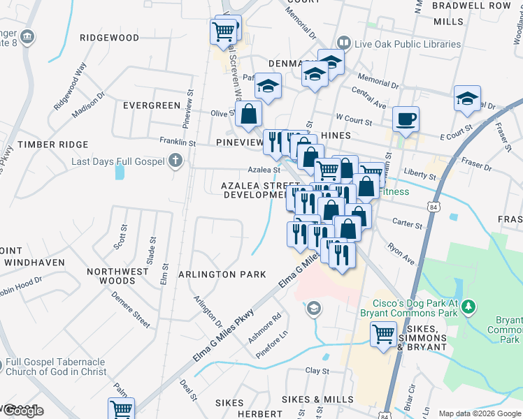 map of restaurants, bars, coffee shops, grocery stores, and more near 124 Caswell Court in Hinesville