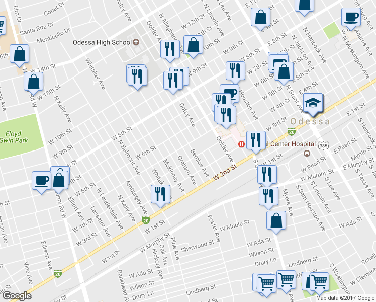 map of restaurants, bars, coffee shops, grocery stores, and more near 413 Bernice Avenue in Odessa