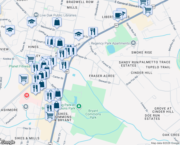 map of restaurants, bars, coffee shops, grocery stores, and more near 414 Rogers Road in Hinesville