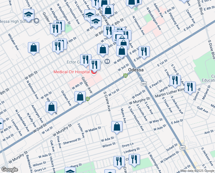 map of restaurants, bars, coffee shops, grocery stores, and more near 200 North Washington Street in Odessa