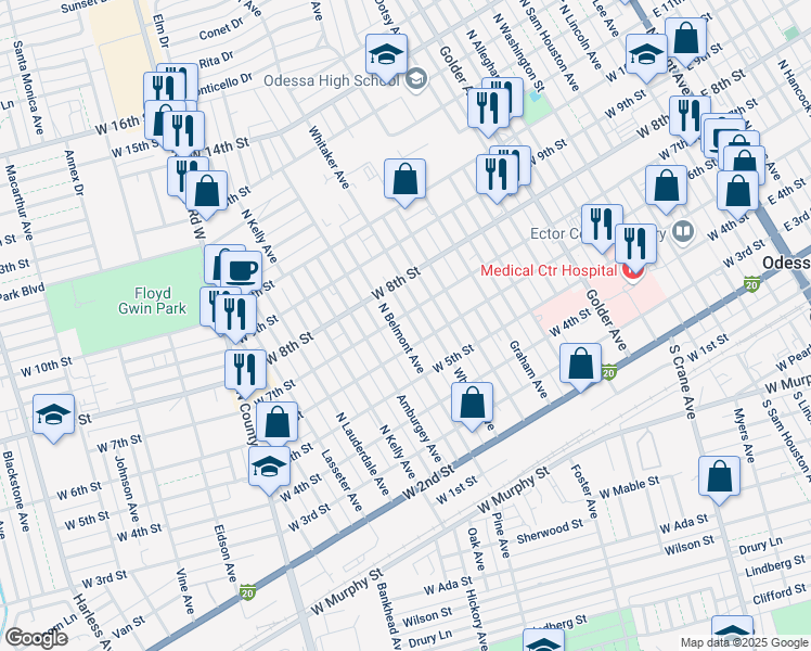 map of restaurants, bars, coffee shops, grocery stores, and more near 605-609 Whitaker Avenue in Odessa