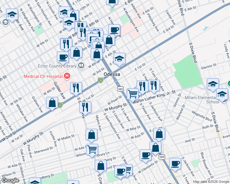 map of restaurants, bars, coffee shops, grocery stores, and more near 201 South Lee Avenue in Odessa