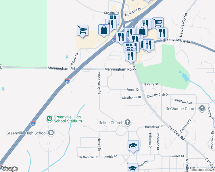 map of restaurants, bars, coffee shops, grocery stores, and more near 801 Forest Drive in Greenville