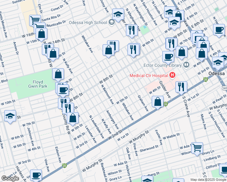 map of restaurants, bars, coffee shops, grocery stores, and more near 605 Whitaker Avenue in Odessa