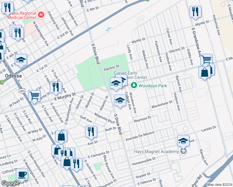 map of restaurants, bars, coffee shops, grocery stores, and more near 501 South Dixie Boulevard in Odessa