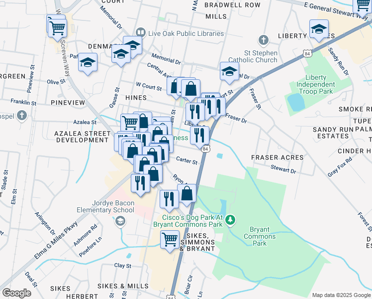 map of restaurants, bars, coffee shops, grocery stores, and more near 110 East Hendry Street in Hinesville