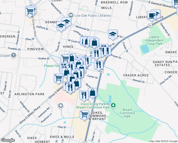 map of restaurants, bars, coffee shops, grocery stores, and more near 110 East Hendry Street in Hinesville
