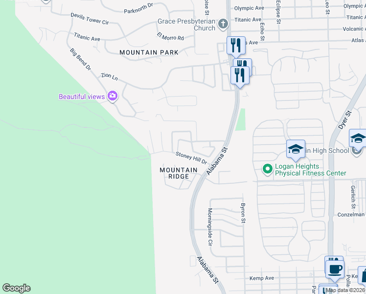 map of restaurants, bars, coffee shops, grocery stores, and more near 3312 Eileen Drive in El Paso