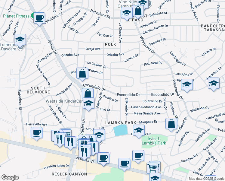 map of restaurants, bars, coffee shops, grocery stores, and more near 6918 Escondido Drive in El Paso