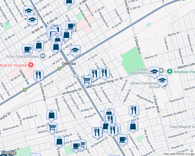 map of restaurants, bars, coffee shops, grocery stores, and more near 321 South Jackson Avenue in Odessa