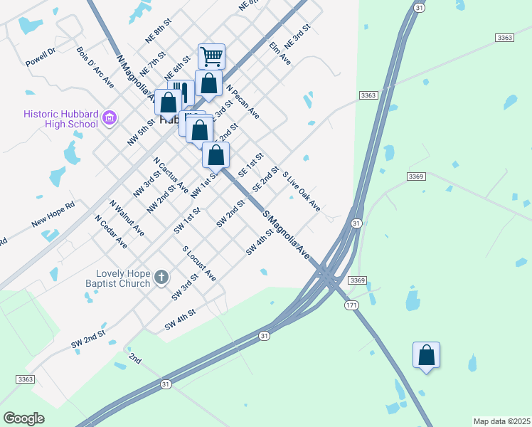 map of restaurants, bars, coffee shops, grocery stores, and more near 222 South Magnolia Avenue in Hubbard