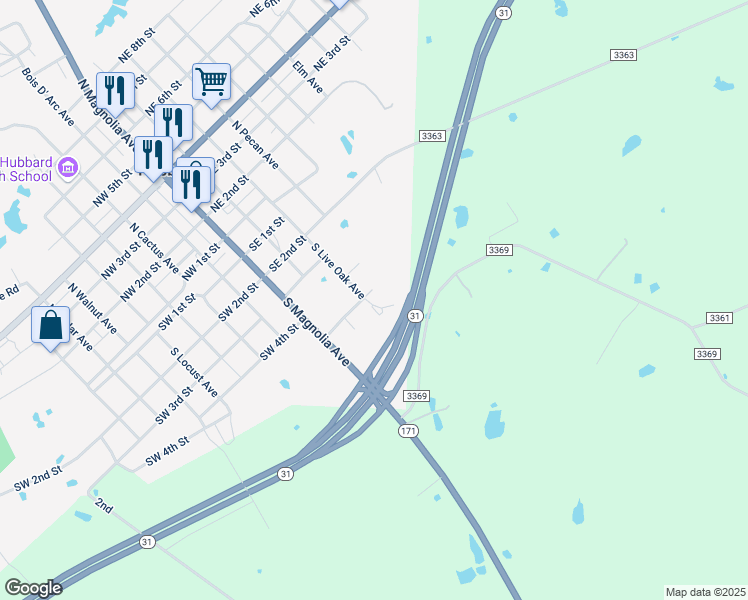 map of restaurants, bars, coffee shops, grocery stores, and more near 204 Southeast 5th Street in Hubbard
