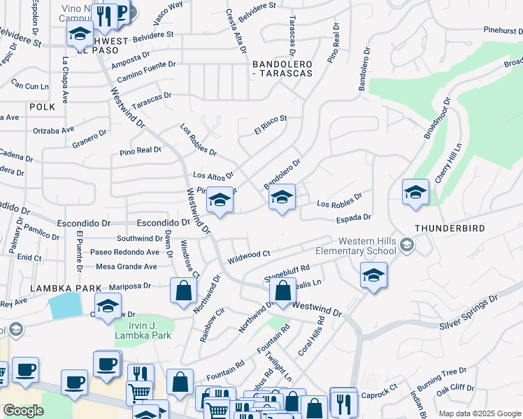 map of restaurants, bars, coffee shops, grocery stores, and more near 6280 Los Robles Drive in El Paso