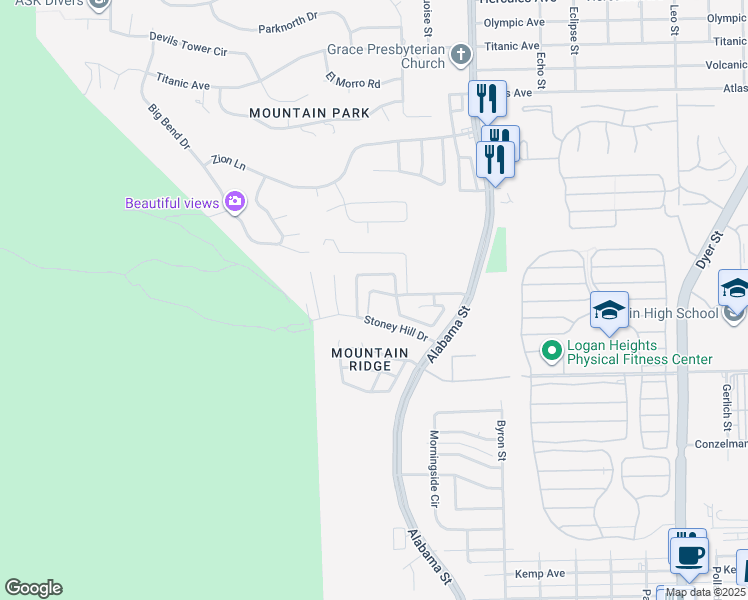 map of restaurants, bars, coffee shops, grocery stores, and more near 7111 Alabama Street in El Paso
