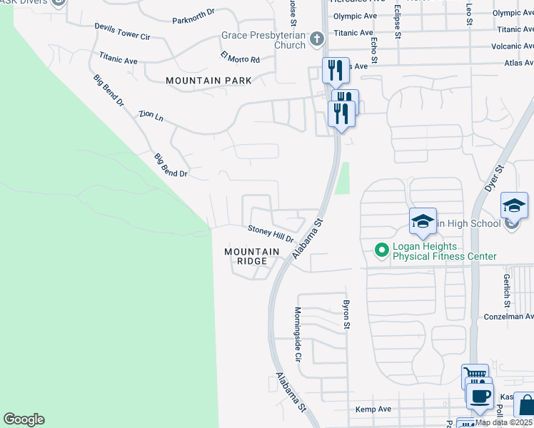 map of restaurants, bars, coffee shops, grocery stores, and more near 3312 Eileen Drive in El Paso