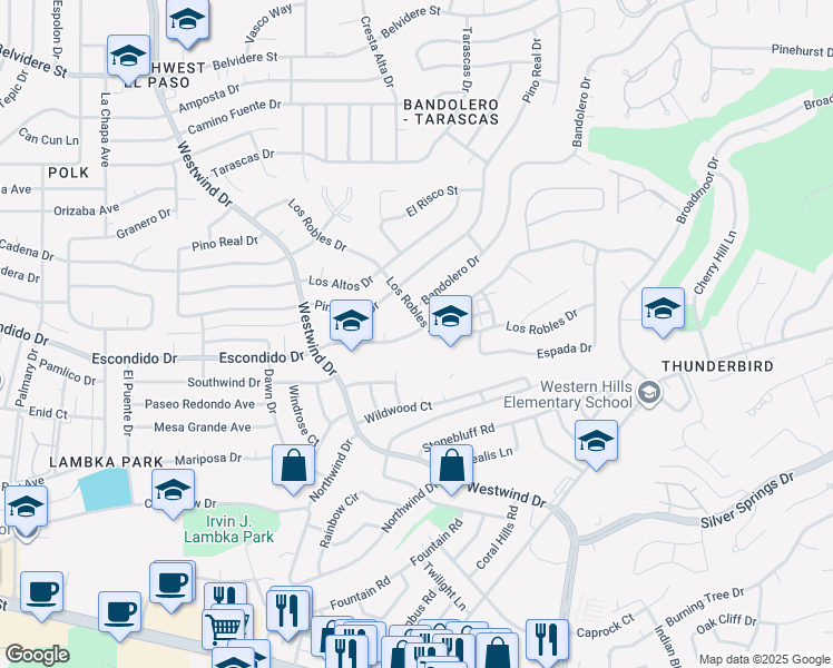 map of restaurants, bars, coffee shops, grocery stores, and more near 6280 Los Robles Drive in El Paso