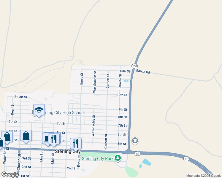map of restaurants, bars, coffee shops, grocery stores, and more near 100-198 10th Street in Sterling City