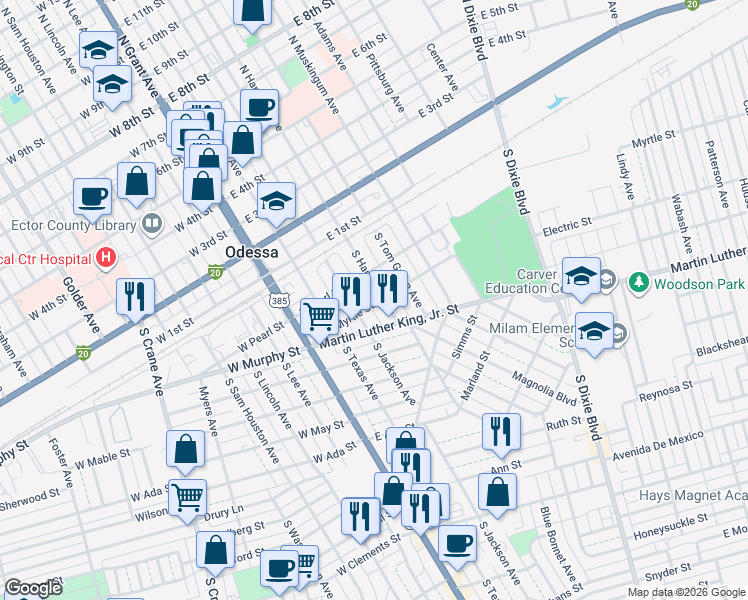 map of restaurants, bars, coffee shops, grocery stores, and more near 321 South Jackson Avenue in Odessa
