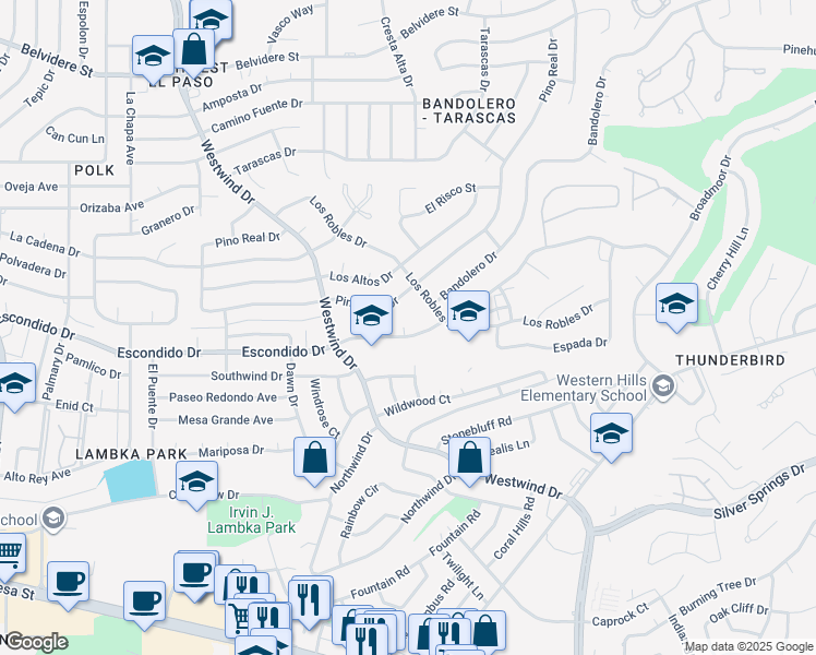 map of restaurants, bars, coffee shops, grocery stores, and more near 6350 Escondido Drive in El Paso
