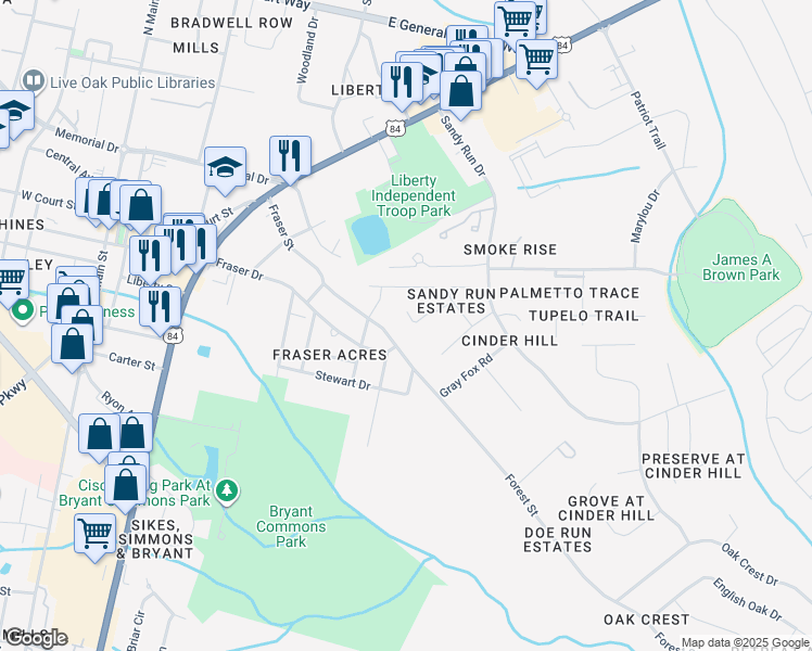 map of restaurants, bars, coffee shops, grocery stores, and more near 512 Creekview Drive in Hinesville